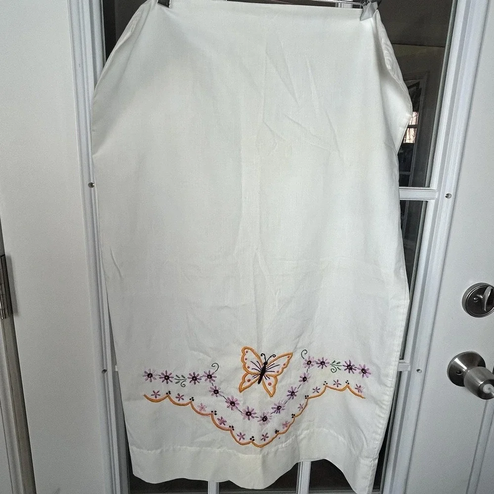 Vintage Hand Embroidered Pillowcase Butterfly Flowers Country Cottage